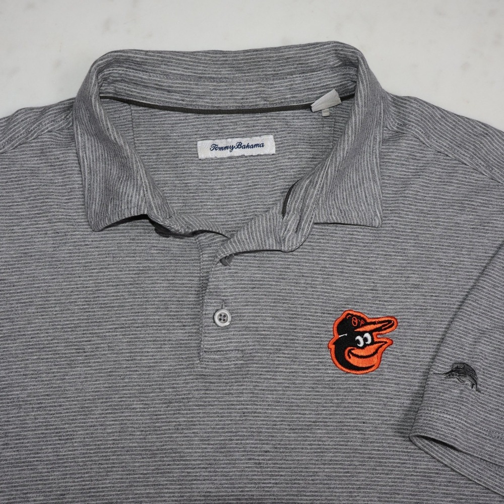 Tommy Bahama Baltimore Orioles MLB Grey Striped Cotton Polo Shirt Mens Large